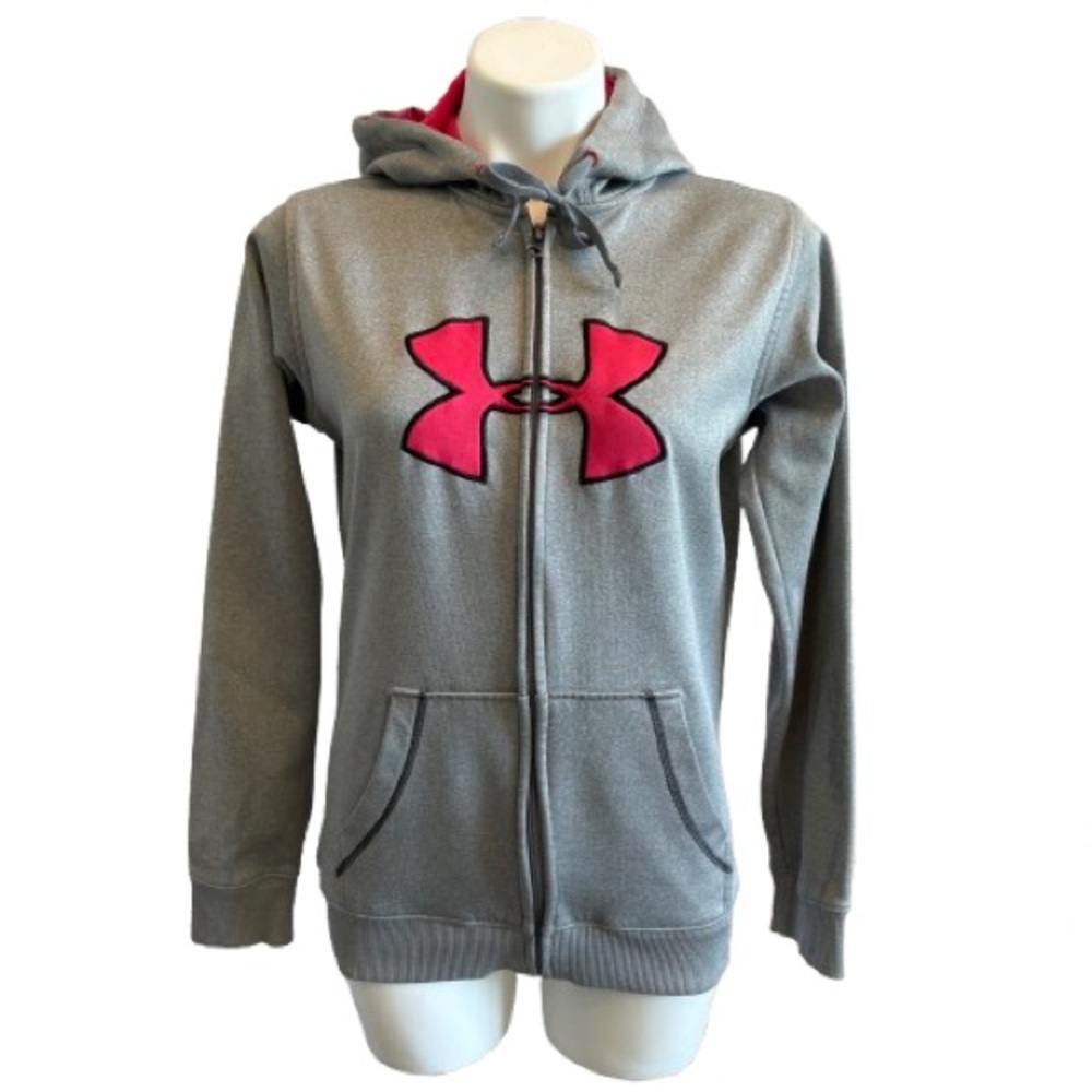 Under Armour Hoodie Sweatshirt Full Zip Gray Pink Logo Womens Small Performance